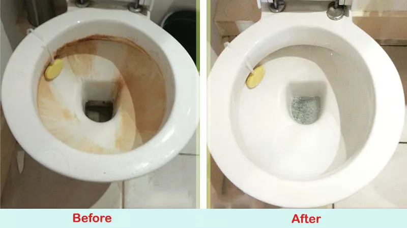 Before and after: stained toilet bowl restored to white