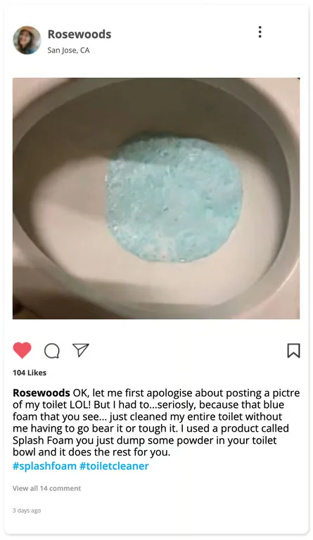 Social media post showing blue foam covering a toilet bowl